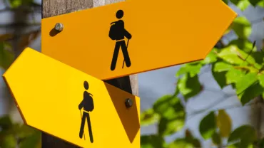 Two yellow hiking trail signs with black hiker icons on a wooden post