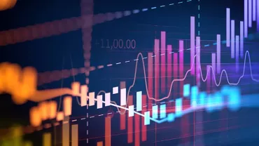 Colorful stock market chart with fluctuating lines and bars.