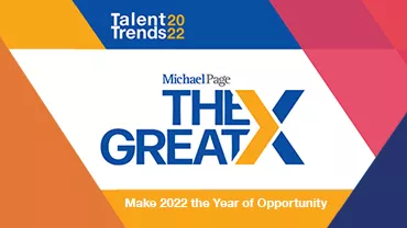 Graphic with text: 'Talent Trends 2022' and 'The Great X'.