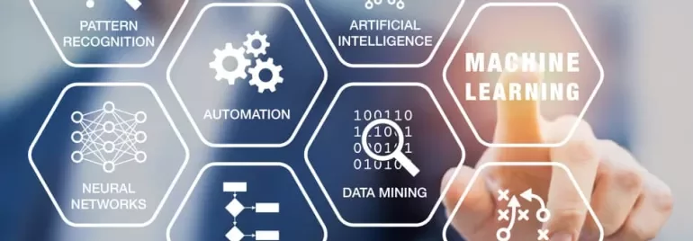 A person pointing at a digital interface with hexagons labeled: machine learning